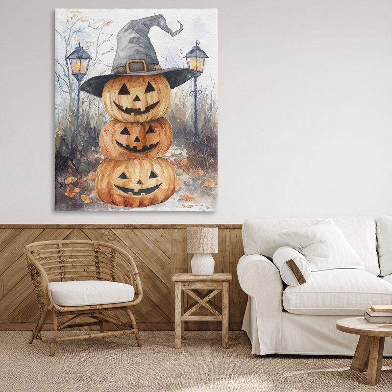 Jack-o-lanternes empilées avec toile de chapeau de sorcière, design par Nicole DeCamp, H 48 po x l 36 po