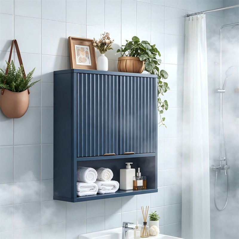 Modern Fluted Bathroom Wall Cabinet, Farmhouse Over Toilet Storage with Adjustable Shelf, Blue