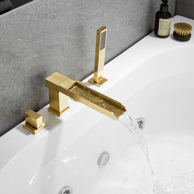 2 Handle Deck Waterfall Faucet with Diverter, Brushed Gold