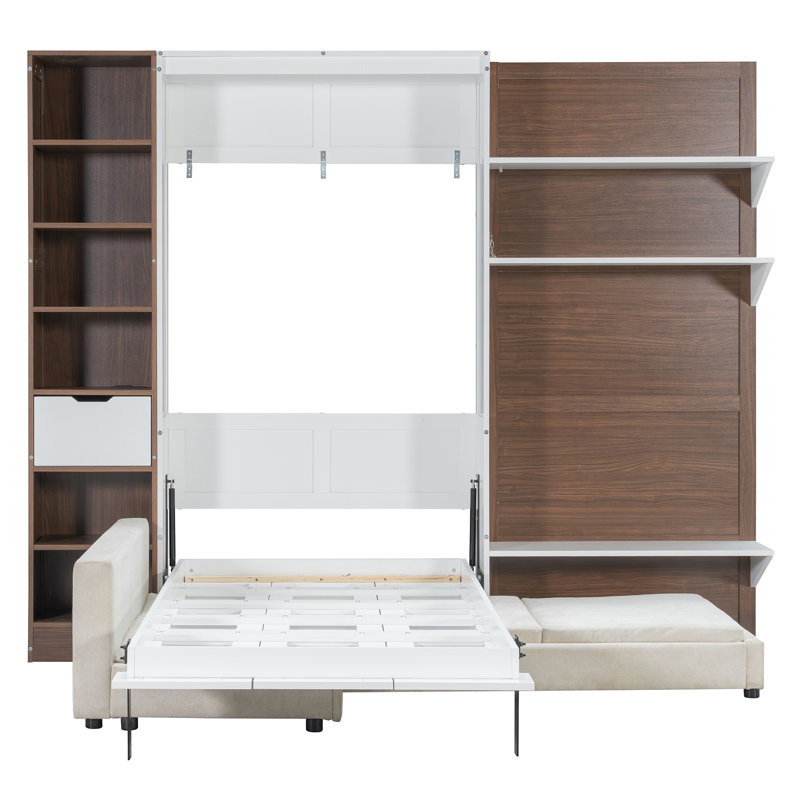 Lit escamotable double avec armoire de rangement, étagères ouvertes et port USB, façade de canapé large, panneau imprimé paysage de montagne, lit mural gain de place pour chambre à coucher