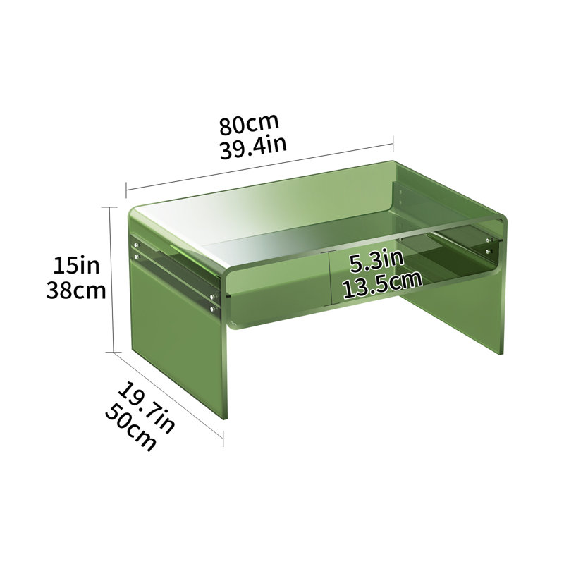 Large Green Acrylic Coffee Table with Open Storage Shelf