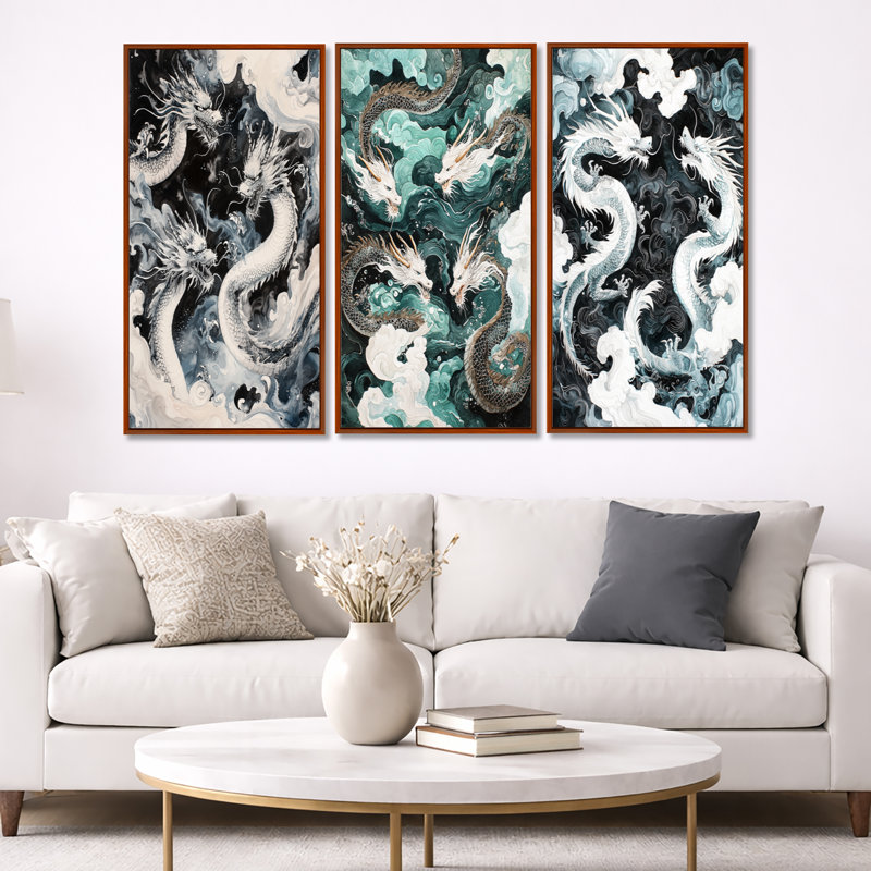 «Chinese Majestic Dragons Fight - White Dragons», reproduction sur toile encadrée 3 pièces, Cadre flottant brun