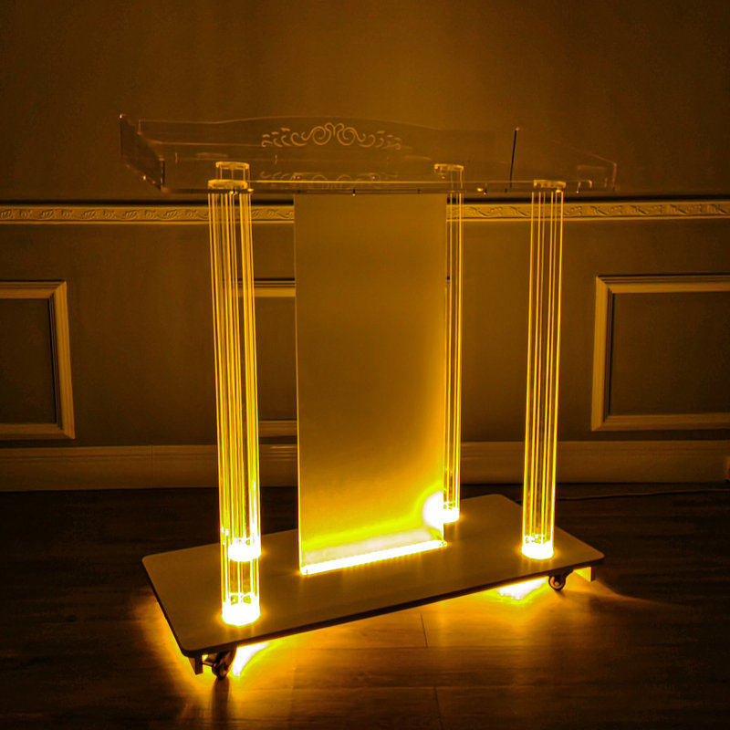 45.7" Tall Clear Acrylic and MDF LED Lighted Church Pulpit with Casters