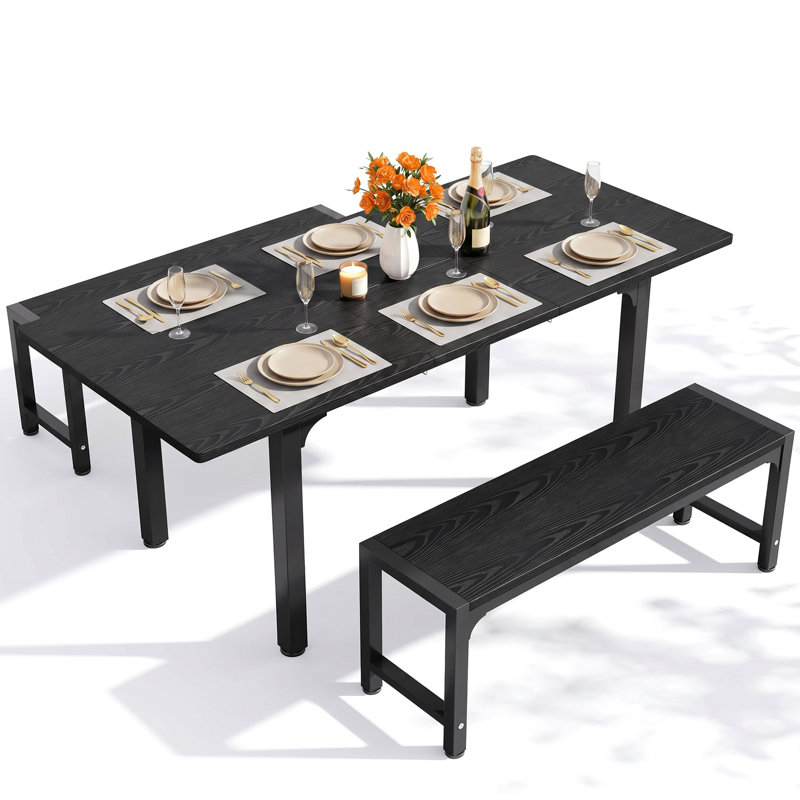 Modern Extendable Dining Set with Bench, Seats 4-6, Space-Saving Kitchen Table with Smart-Flip Leaf for Kitchen,Dining Room and Apartment 