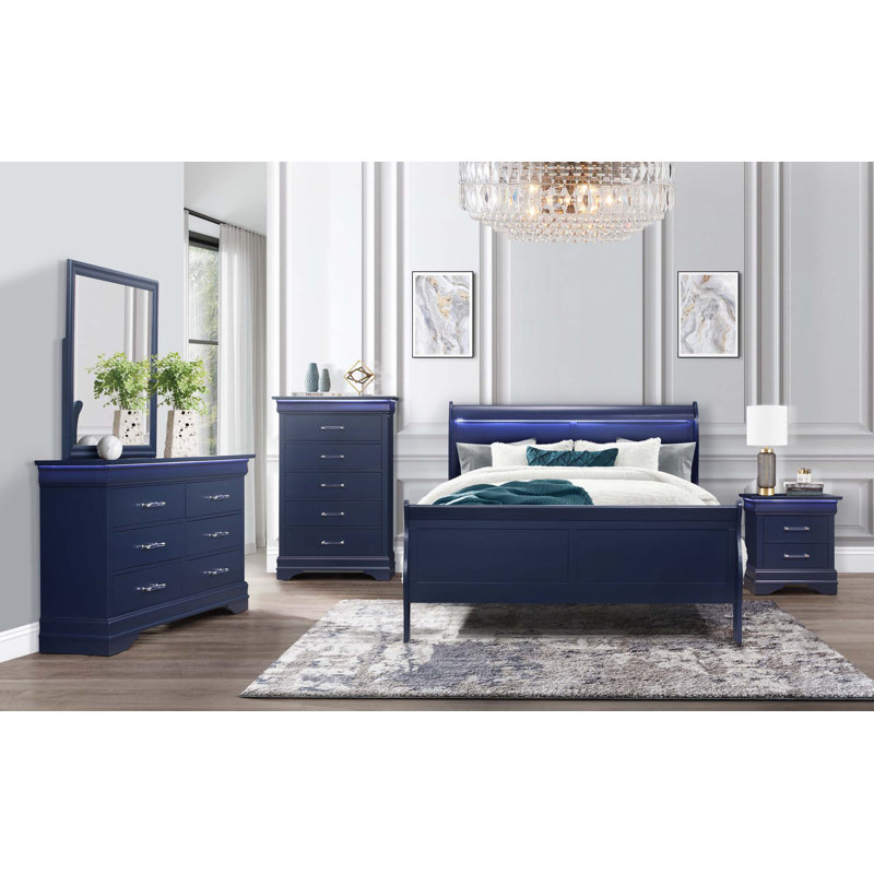 Ensemble de chambre à coucher 5 pièces, Bleu, Très grand