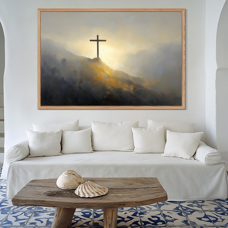 "Timuba", grande toile encadrée de Pâques, peinture sereine en croix, image inspirante pour un décor spirituel et printanier, cadre flottant, 36 po x 48 po