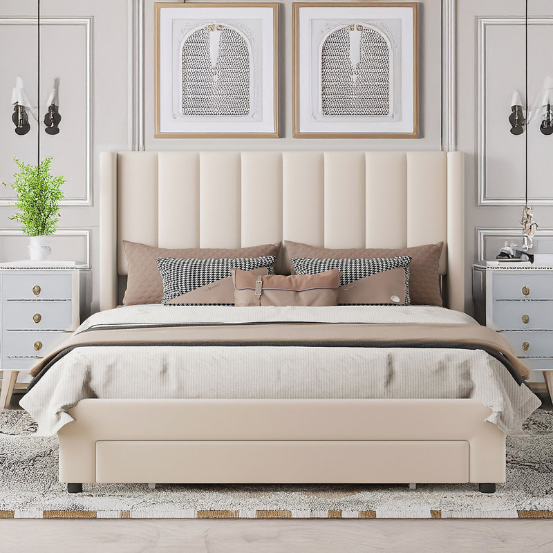 Copher Velvet Upholstered  Storage Platform Bed,Bed Frame, Beige, Queen