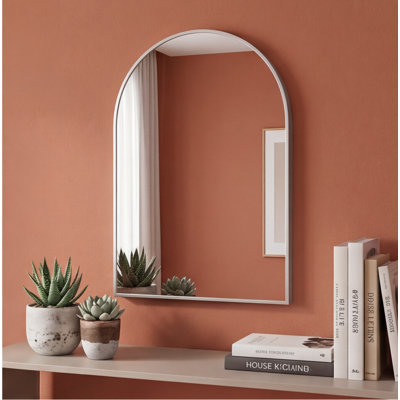 20x30 Inch Silver Metal Framed Arched Bathroom Wall Mirror