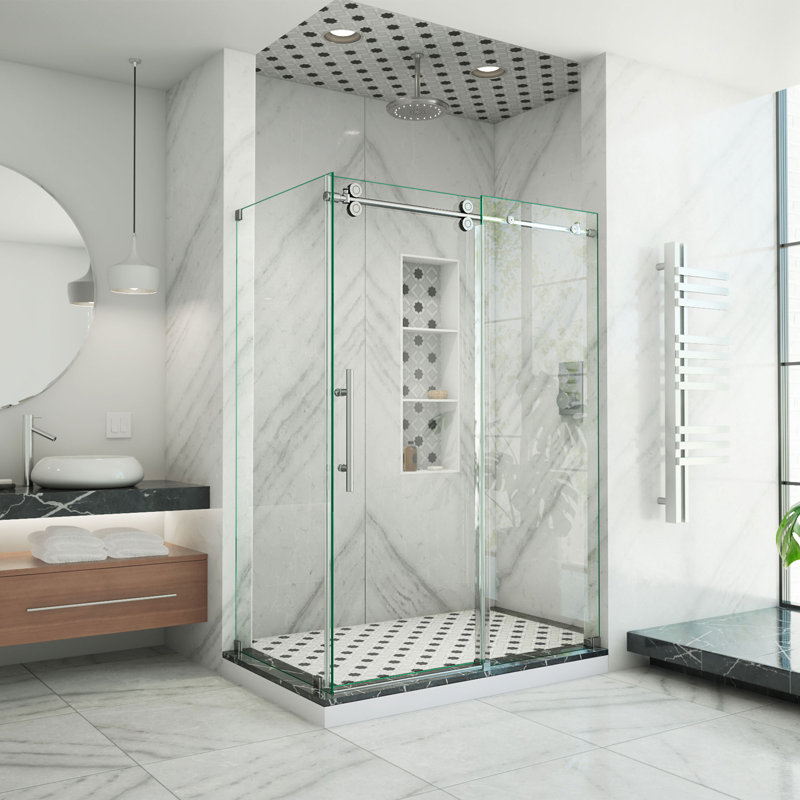 Enigma-XO 54" x 76" Single Sliding Frameless Shower Enclosure with Clear Max Technology, Brushed Stainless Steel
