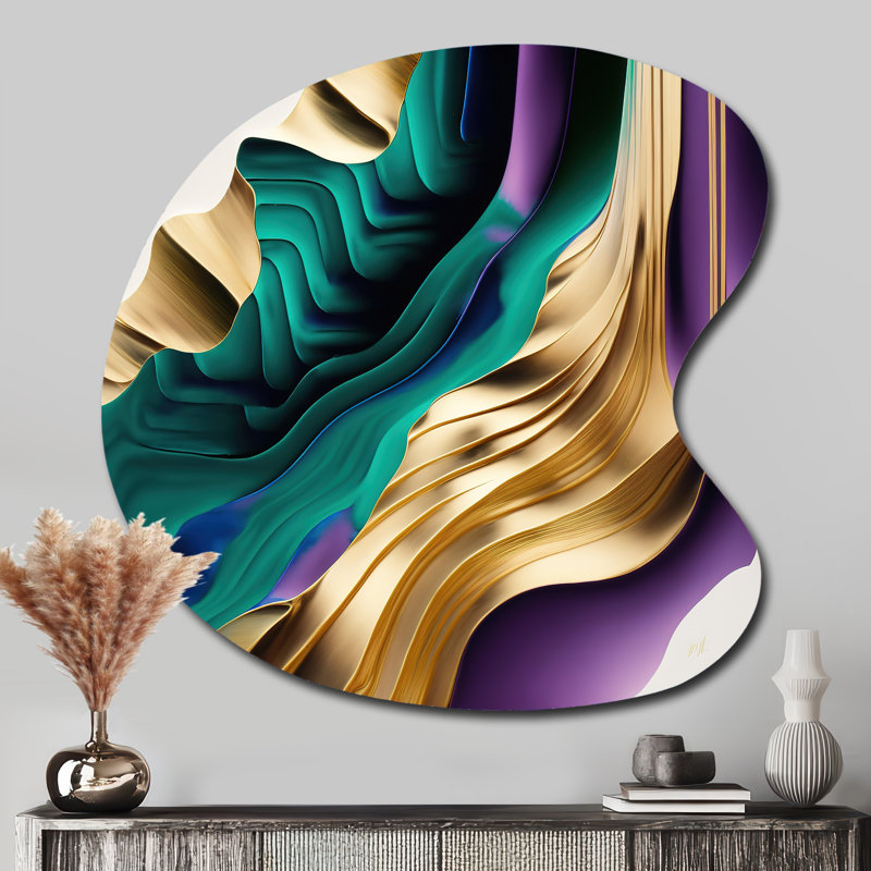 Mauve, vert et or, "Bold Strokes III", reproduction d'art asymétrique abstraite, art mural en métal de forme irrégulière mauve