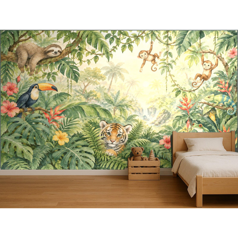 Jungle Animals Watercolor Wallpaper Mural, Peel and Stick Kids Room Wall Mural, Watercolor Nursery Wallpaper Made to Measure