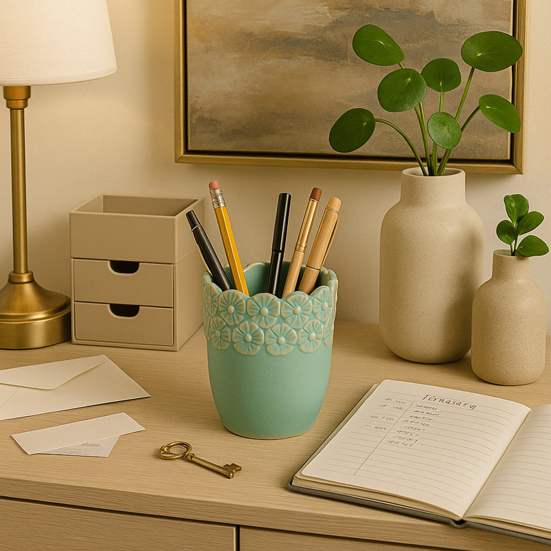 Scalloped Flower Border Ceramic Desk Accessory For Storage - Small Essentials Organizer For Office Desk, Bathroom, Kitchen, Or Bedroom - 4"