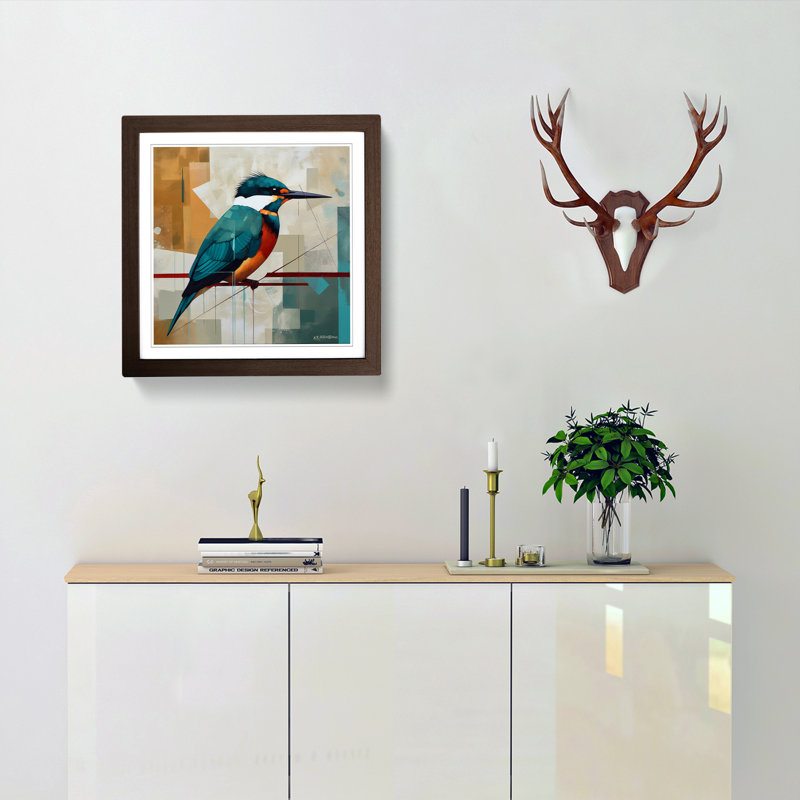 Kingfisher Suprematism No.2 - Single Picture Frame Print on Wood, Walnut