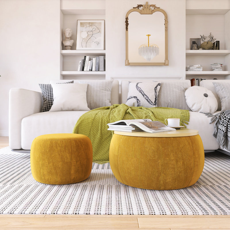 Repose-pieds rond avec rangement, fonction 2 en 1, table de bout avec repose-pieds, Naturel, Jaune foncé