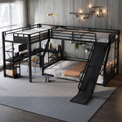 Lit superposé en L en forme de L avec glissade, bureau et tablettes de rangement, solution de couchage triple peu encombrante