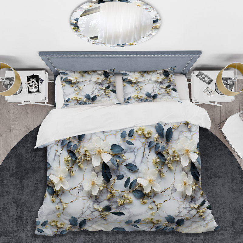 Literie de palette de fleurs botaniques en marbre blanc, Housse de couette simple + 1 taie décorative stan