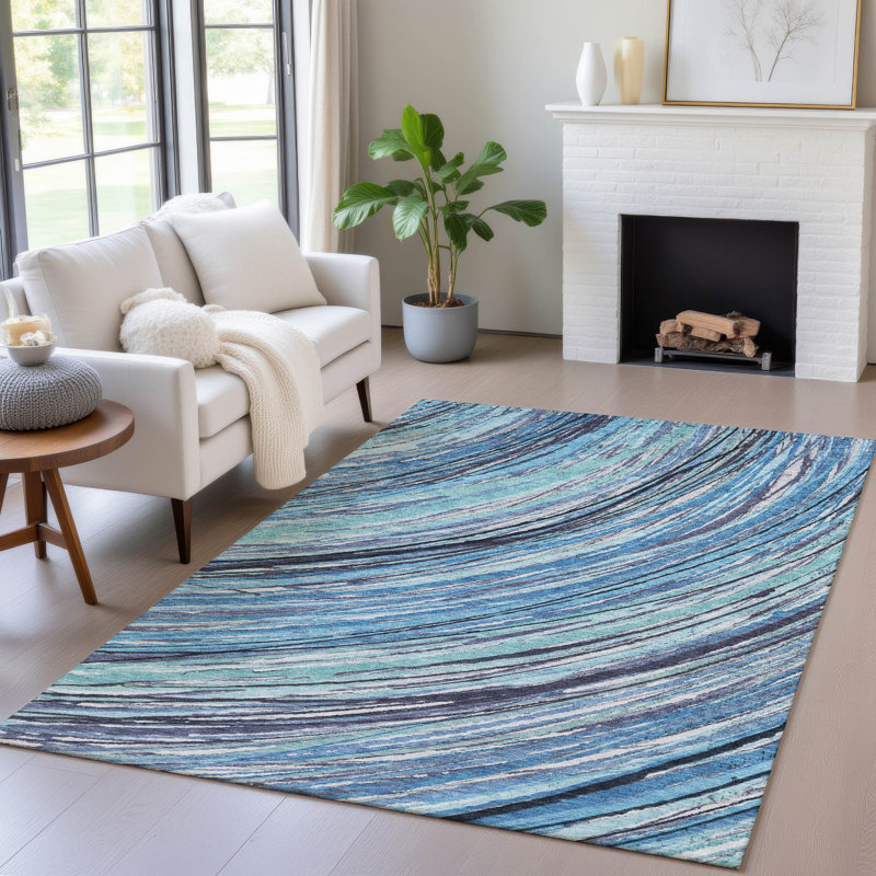 Machine Washable Indoor/Outdoor Xhevrie Blue Rug, Rectangle 10' x 14'