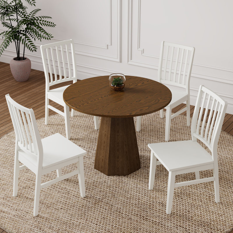 Round Dining Table Set, Mid Century Modern Small Round Dining Table Set, White, Walnut