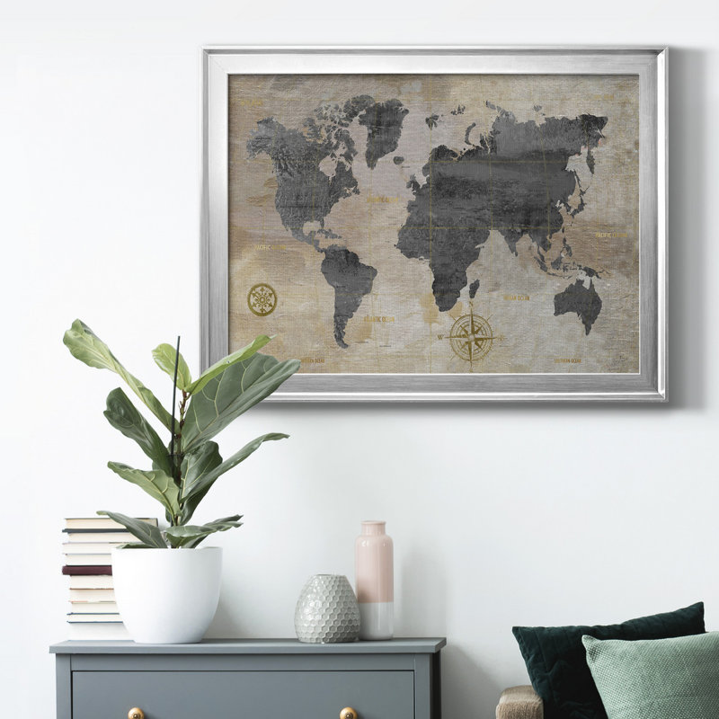 Carte du monde modélisée, toile encadrée de qualité supérieure - prête à être accrochée, Argent