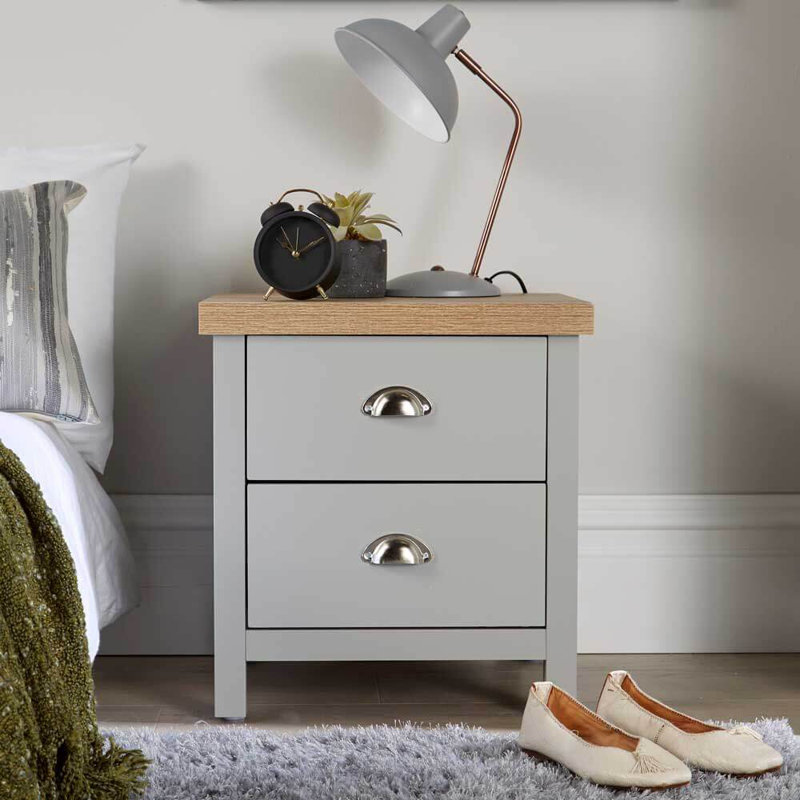 Spann Bedside Cabinet 2 Drawer Lamp Side Table Night Stand Two Tone 36mm Thick Top, Grey/Sonoma Oak