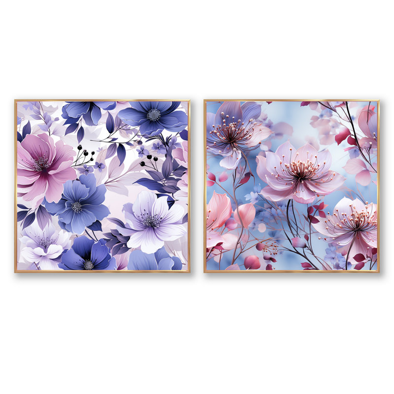 Souliere - Ensemble de 2 collages floraux carrés, Cadre flottant doré, H 16 po x l 33 po