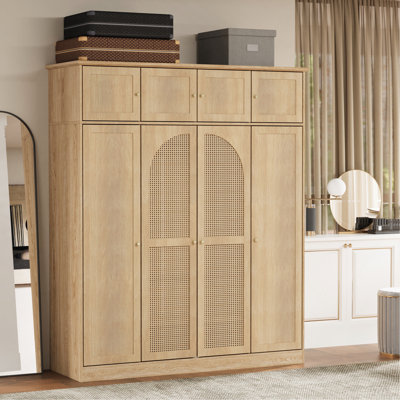Armoire-penderie de 70,87 po de hauteur à 8 portes de grande capacité avec tringle, étagères réglables et portes décoratives en rotin, armoire de rangement pour vêtements pour chambre à coucher, penderie, salon, naturel