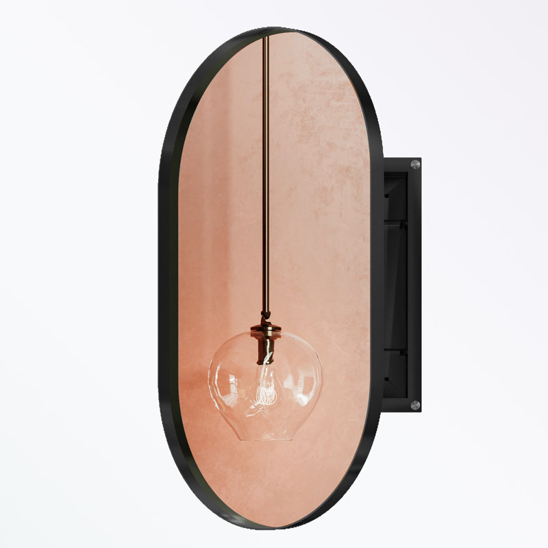 Armoire de salle de bain ovale avec miroir et cadre mural en métal avec tablettes réglables, Noir mat