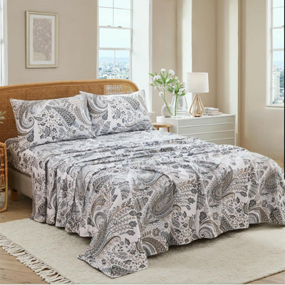 100% Cotton Sheet Set Queen Size – 4-Piece Luxury Grey Paisley Bedding Set, Extra Soft Breathable Percale Weave, Deep Pocket Fitted Sheet 17.5", Crisp Cool Feel Bed Sheet