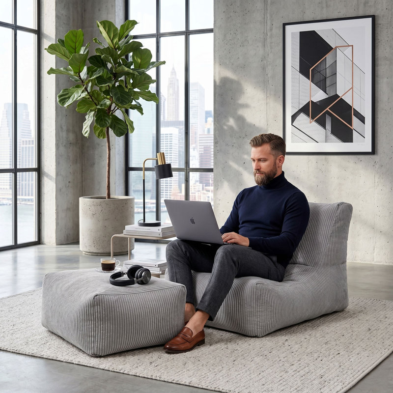 Jometh Corduroy Bean Bag Ottoman/Pouf, Gray