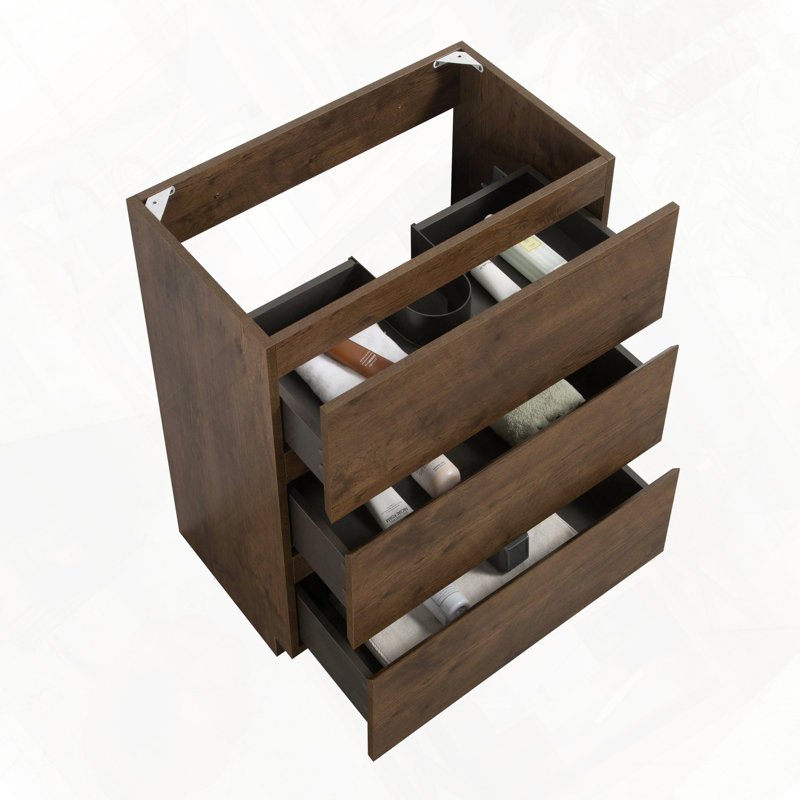 Armoire de plancher avec trois tiroirs préassemblés sans poignée, Noyer