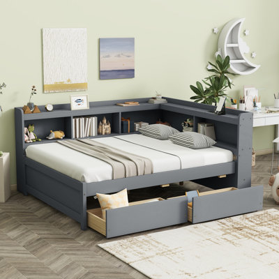 Lit double en forme de L avec bibliothèques, prises de courant USB, deux tiroirs, gris