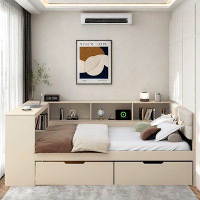 Lit de jour moderne avec tablettes de rangement, 2 tiroirs, station de charge, bureau d'étude et tête de lit tapissier