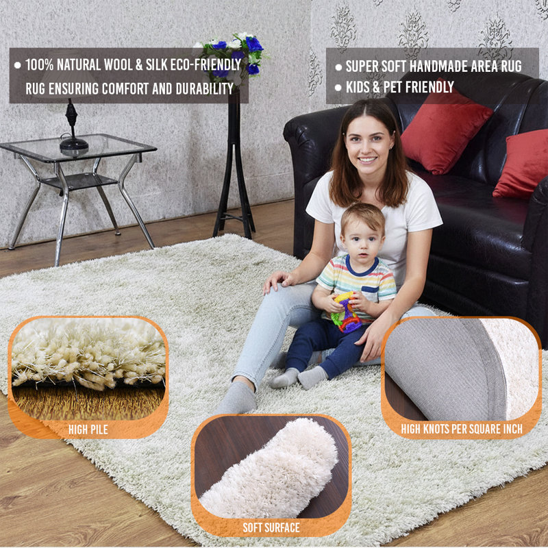 Sanford Hand Tufted Shag Polyester Eco-Friendly Area Rugs - Rectangle, White Color, Plain Solid Design, High Pile Thick Handmade Anti Skid Area Rugs for Living Room, Bed Room