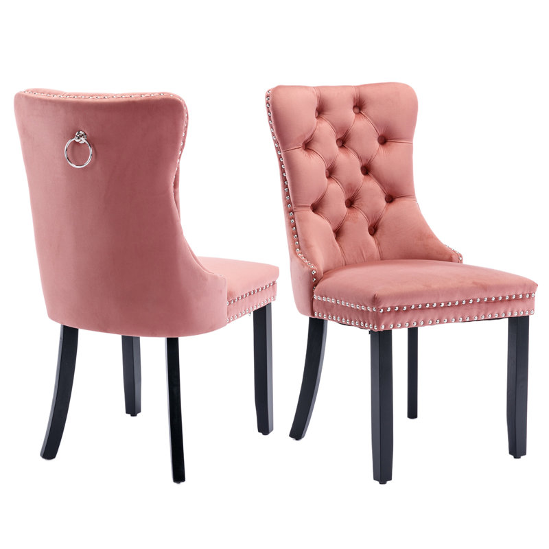Chaise de salle à manger en velours avec anneau à dossier et pieds en bois massif, 2, Rose, Noir