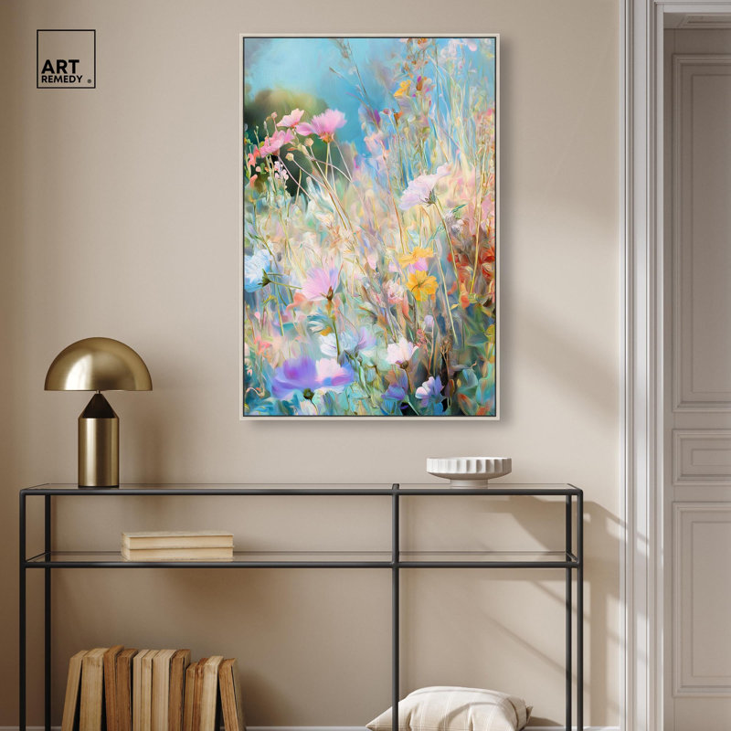 Toile Cosmos Cascade par Art Remedy, H 37 po x l 25 po, Cadre flottant, Blanc
