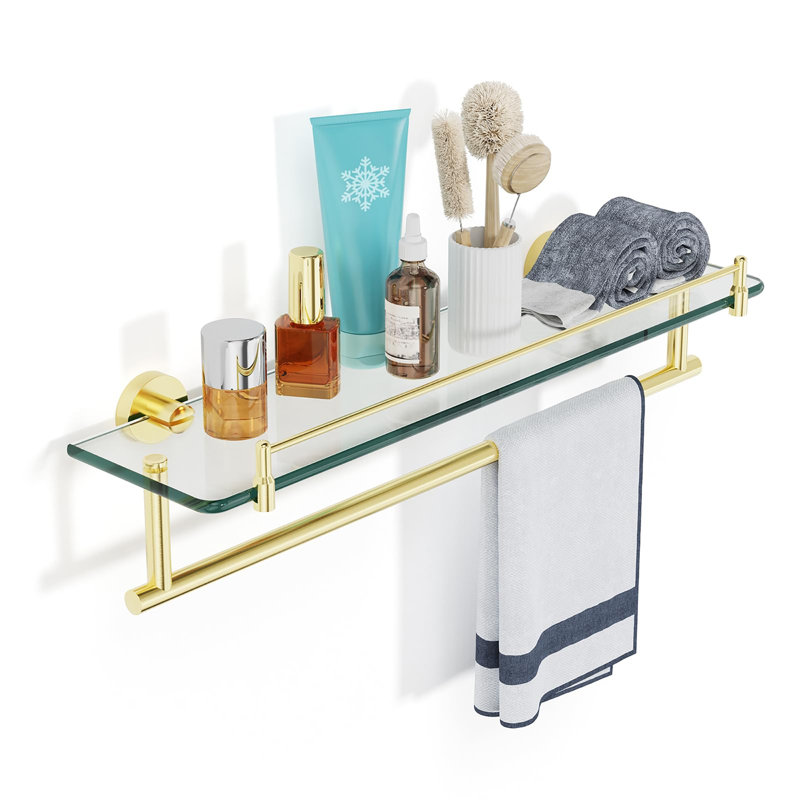 Étagère de salle de bain flottante en verre trempé 20 pouces avec barre à serviettes, Brushed Gold