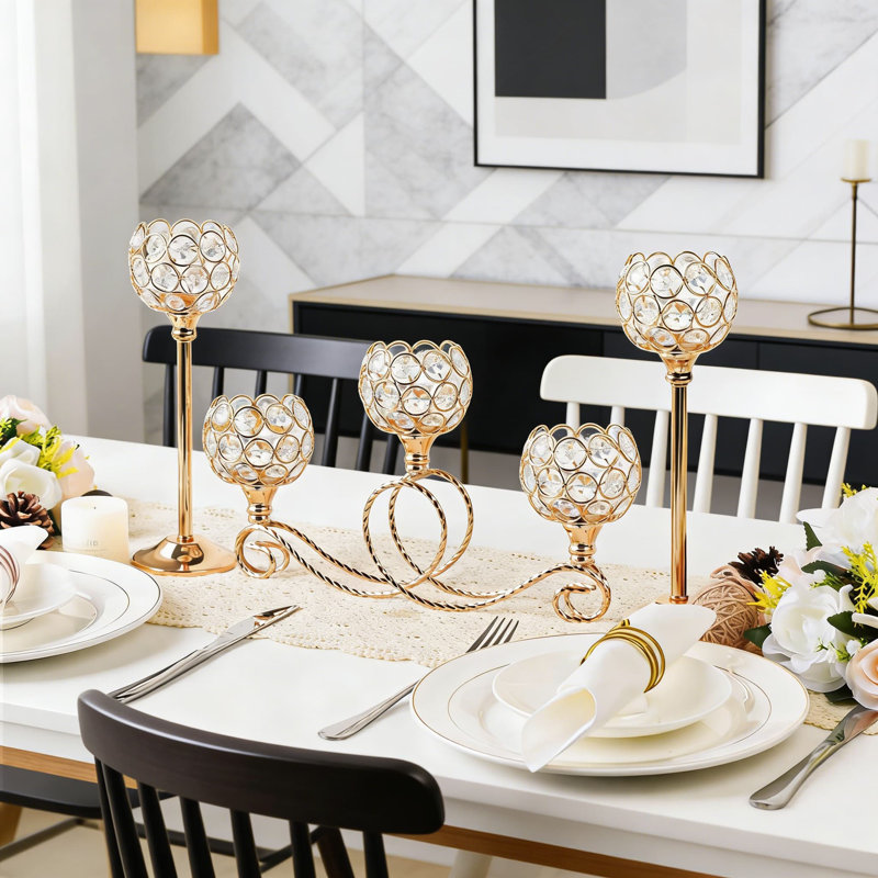 Elegant Crystal And Metal Tea Light Candle Holder, 5-Arm Centerpiece For Wedding, Christmas, And Home Decor, Set Of 3, Gold