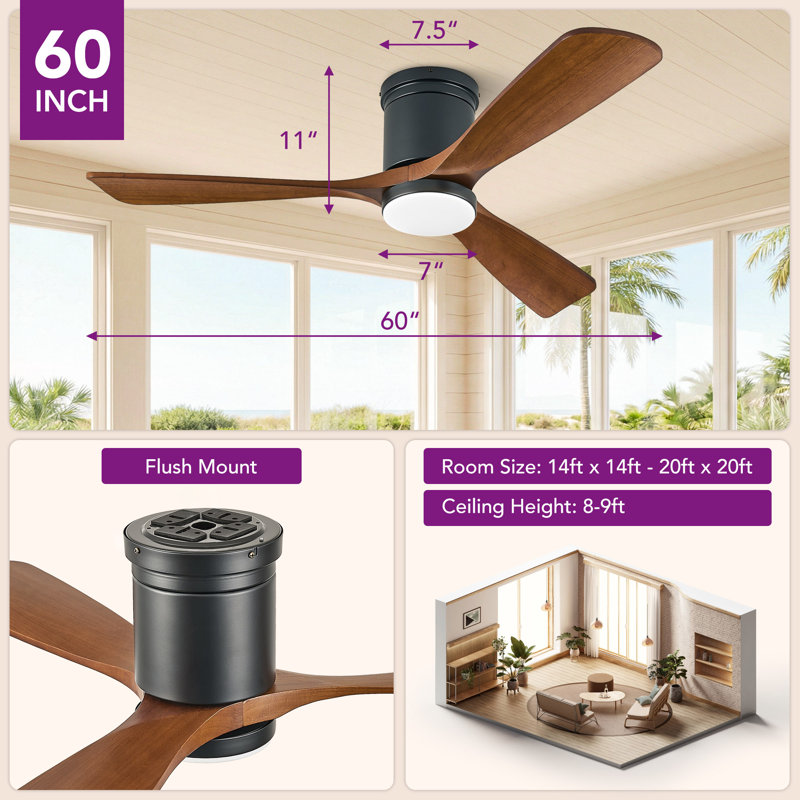 Ventilateur de plafond encastré 60 "avec lumière, 3CCT, moteur réversible, télécommande, APP et commande vocale et pales en bois massif 60"