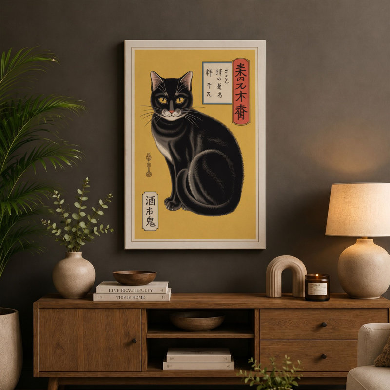 Japanese Cat Study Japandi - Wrapped Canvas, 30x20 - 76.2 x 50.8 cm, Teal Border