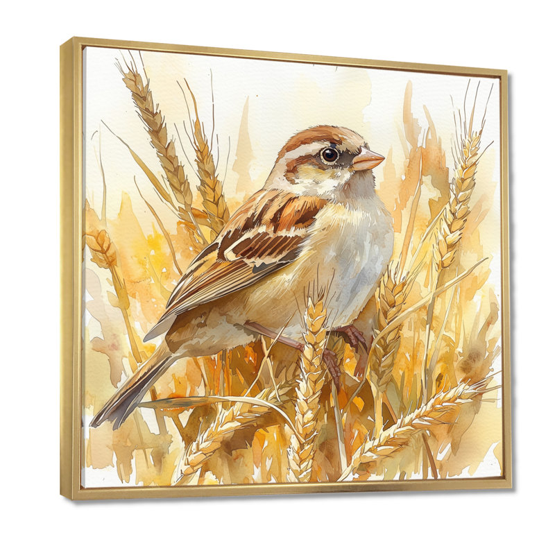 House Sparrow, oiseau parmi le blé II, art mural sur toile, H 36 po x l 36 po, Impression encadrée flottante, Doré