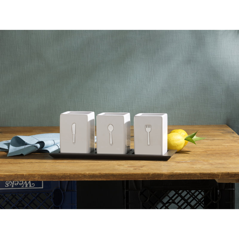 White Ceramic Flatware Caddy Set with Black Wood Tray