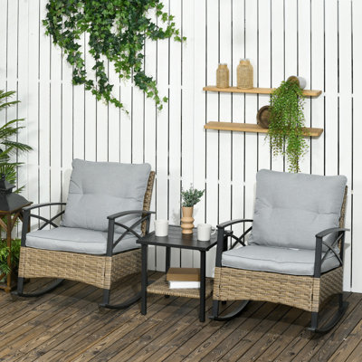 Ensemble de chaises berçantes de patio 3 pièces, ensemble bistro en osier avec 2 chaises berçantes rembourrées