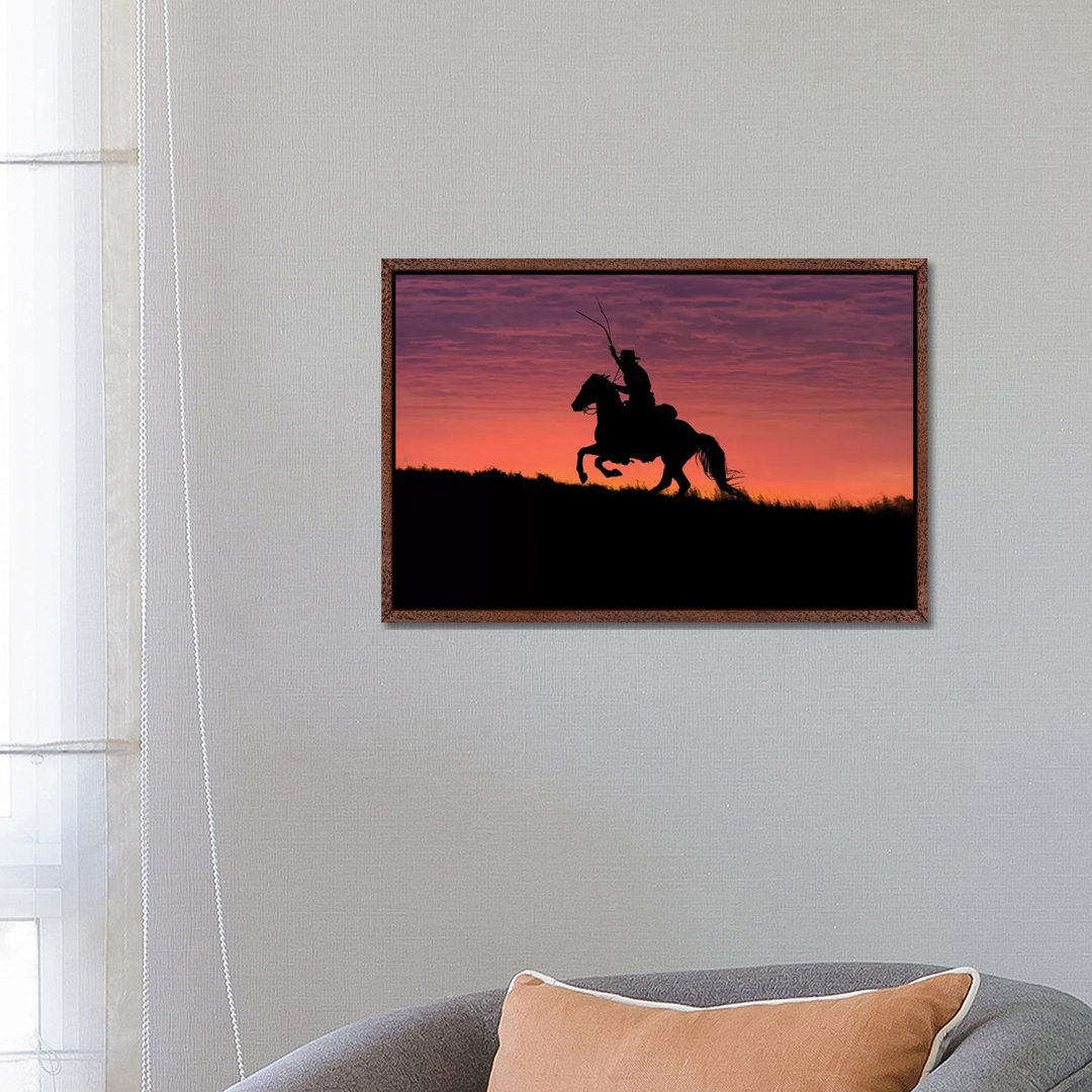 USA, Wyoming, Shell, The Hideout Ranch, Silhouette Of Cowboy And Horse At Sunset by Hollice Looney - Gallery-Wrapped Can...