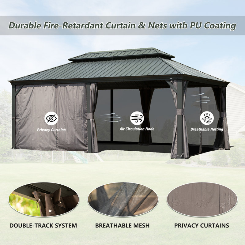 Pavillon de jardin en aluminium galvanisé en acier avec double toit gris foncé, 18 pi x 12 pi
