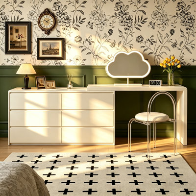 ERRY Extendable L-Shaped Makeup Vanity Desk with 6 Drawers and Cream White Finish