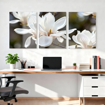 Ensemble de 3 tableaux sur toile imprimée de fleurs de magnolia blanc, idéal pour la décoration du salon et de la chambre.