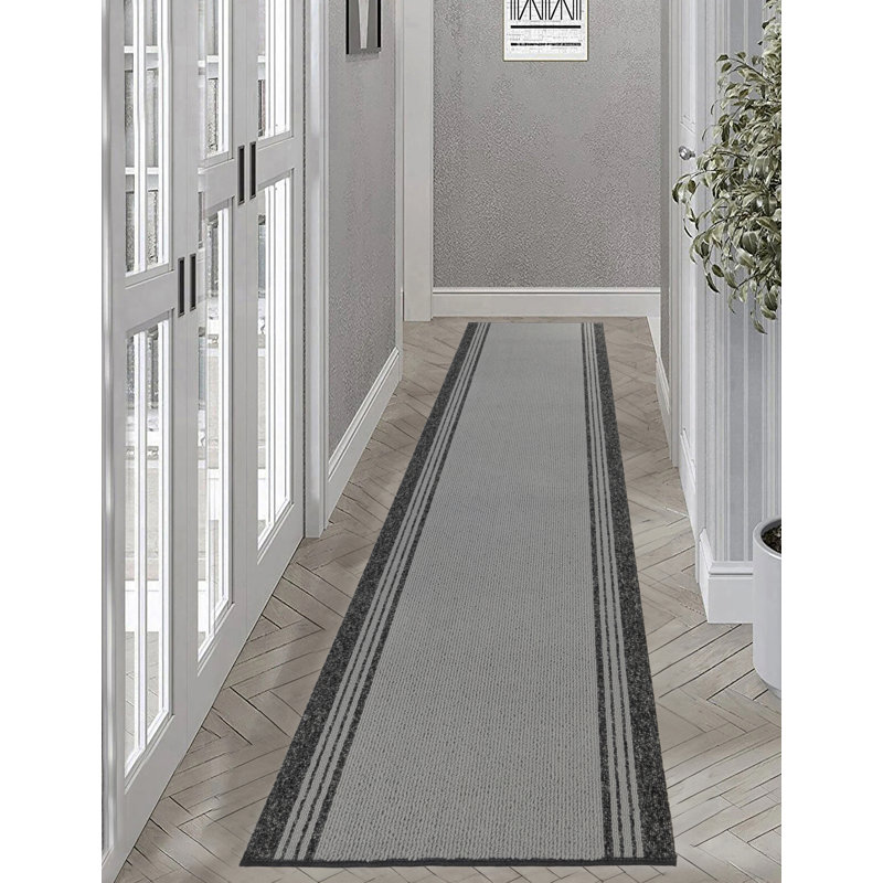 Custom Size Runner Rug Solid Border Gray Berber Style Indoor/Outdoor Non Slip Latex Backing, Runner 2'2" x 47'