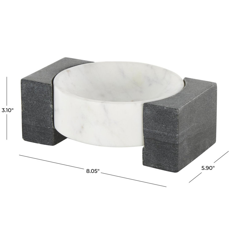Cole And Grey Marble Round Geometric Tray With Black Rectangular Blocks, 3.1" H x 8.05" W x 5.9" D