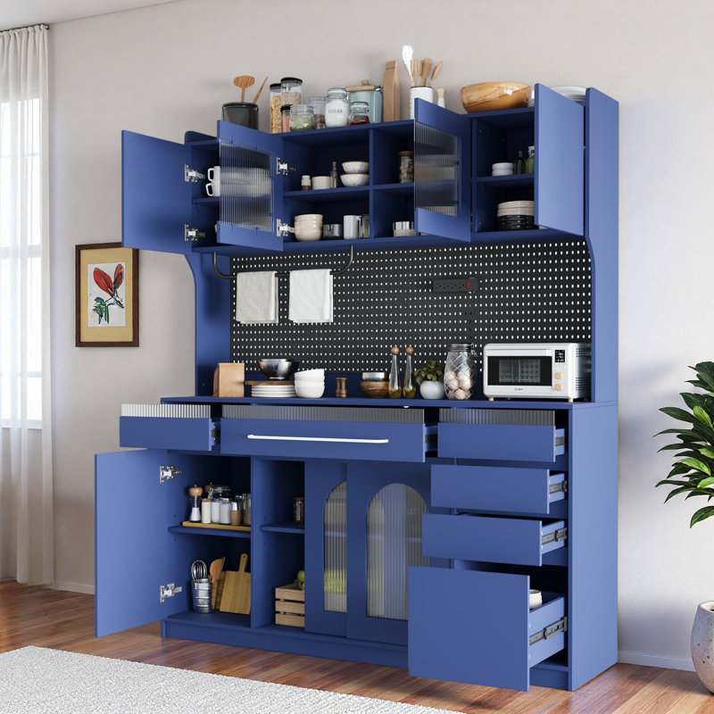 Garde-manger autoportant avec 6 tiroirs, tablettes réglables, panneau perforé, porte-serviettes et prise de courant