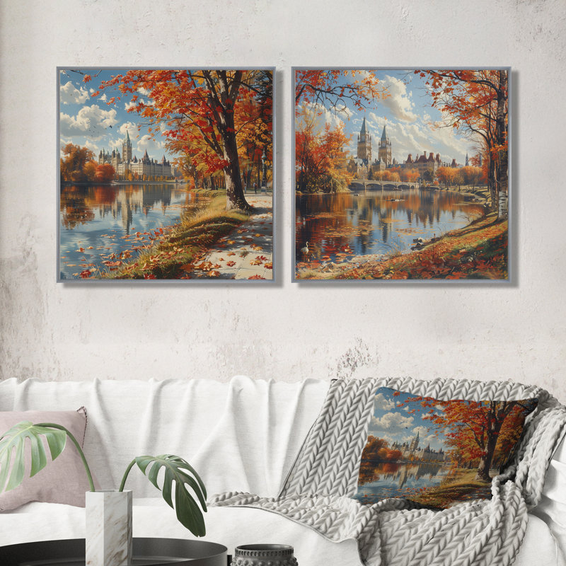 «Autumn Grand River In Ottawa I», art mural ville Ottawa, ensemble de 2 décorations murales traditionnelles, Argent argent